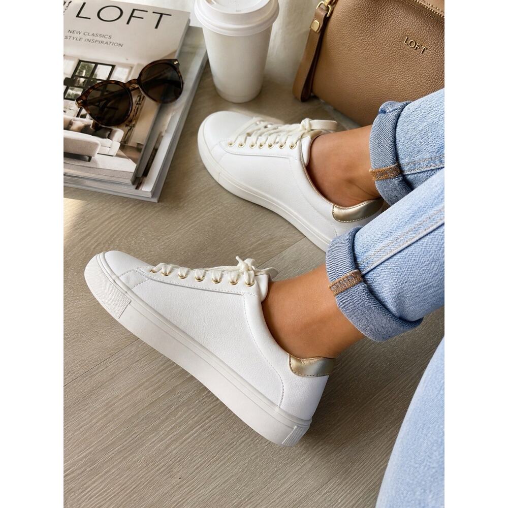 LOFT White Gold Accent Sneakers Womens 7.5 Lace Up Casual NWT Shoes